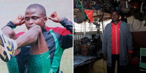 Photo collage of Stanley Kagora training and at his shop in Kisii town.