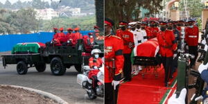 A collage image of the late President Mwai Kibaki's body being transported to Parliament Buildings for public viewing on April 25, 2022.