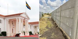 A photo collage of State House, Nairobi (left) and a wall under construction.