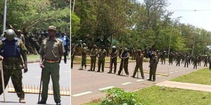 A photo collage of police officers stationed at the Milimani Estate Road leading to Kisumu State Lodge on March 17, 2023.