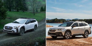 Photo collage of Subaru Outback from left; cruising in a muddy terrain and parked near a water body