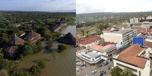 Photo collage between a submerged village in Rift Valley and Nakuru Town CBD
