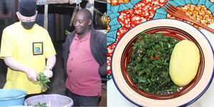 A photo collage of former nominated senator Isaac Mwaura cutting Sukuma wiki and a prepared dish of the delicacy