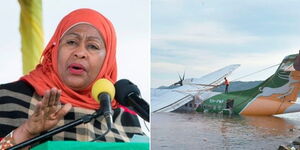Photo collage of Tanzania's President Samia Suluhu Hassan and a Precision Air plane that plunged on Lake Victoria on November 2022