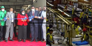 Photo collage between President Suluhu Hassan and a textile factory 