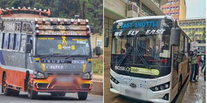 Photo collage between Super Metro bus and a BasiGO electric bus picking up passengers in Nairobi CBD