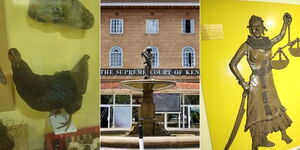 From left: A chicken showcased at the Judiciary Museum, the Supreme Court Building and a sculpture of the Lady Justice balance scale on the wall of the museum at the Supreme Court Building in Nairobi County.