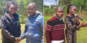A photo collage of Bomet Woman Representative Linet Chepkorir (Toto) alongside Boda Boda rider Gideon Cheruiyot at an event in July 2022 (left) and on January 14, 2023 (right).