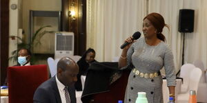 TSC CEO Nancy Macharia addressing teachers at Safari Park Hotel on Tuesday, July 13, 2021