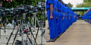 TV cameras set up during a presser and police officers during a parade in December 2019.