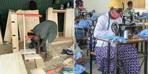 A photo collage of a carpenter (left) and tailors (right) at their workshops on separate dates.