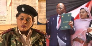 A photo collage of Tana River First Lady Zeinab Sebria at work (left) and the first lady with Governor Dhadho Godhana during the swearing-in ceremony on August 25, 2022 (right).