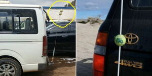 Photo collage of tennis balls fixed on a tour van's antennae and another one fixed on a SUV