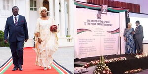 A collage image of Musalia Mudavadi and his wife Tessie at State House (left) and attending the launch of the Office of the Spouse of the Prime Cabinet Secretary on February 25, 2023.