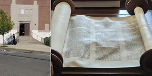 The Temple B'nai Israel in Massachusetts (left) and the scroll delivered in Ol Kalou.