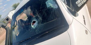 The Toyota Hilux that was vandalized by unknown assailants in Serelipi close on the Isiolo-Samburu border.