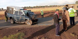 The car wreck of a police vehicle along the Njoro-Moro road on Wednesday March 29, 2023.