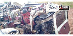 The car wreck of an accident at the Kambiti kwa Muthike area in Murang'a County on Saturday, January 28, 2023