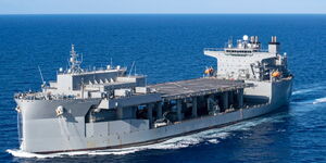 The expeditionary sea base USS Hershel Woody Williams navigates the Mediterranean Sea, Aug. 20, 2020.