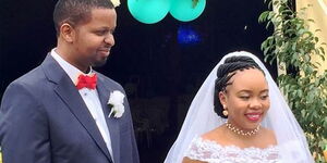 The late BBC journalist Lynn Kariuki (right) and her husband on their wedding day.