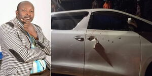 The late businessman Dennis Mbae (left) and his car which was sprayed bullets.
