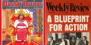 The newly relaunched Weekly Review Magazine featuring Mama Ngina Kenyatta (left) and the paper's July 1983 issue 