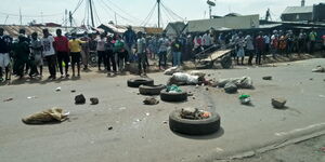 The rioting youth in Maringo area, South B estate block the road during protests on May 14, 2020.