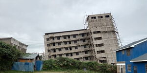 The leaning Kinoo building that partially sunk on Friday, September 3, 2021