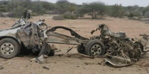 The wreck of the vehicle involved in a suspected Al-Shabaab attack on Wednesday, January 11, 2023