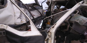 The wreckage following an accident involving a 14-seater matatu and a lorry along the Mombasa-Malindi Highway on March 15, 2020