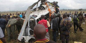 A photo of the wreckage of the helicopter that crashed into Lake Nakuru in October 2017 claiming the lives of five people being retrieved from the water.