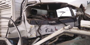 The wreckage of the lorry involved in an accident along the Mombasa-Malindi Highway on March 15, 2020