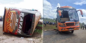 Overturned Rayan bus along Thika -Garrisa highway on April 12.