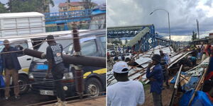 A photo collage of an electric pole atop a matatu in Ruiriu along Thika Road (left) and damaged iron sheet stall damaged during rains on April 25, 2023 (right).