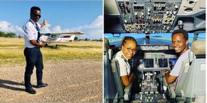 Photo collage of pilot Tim Njiru pointing at a plane and him with a co-pilot inside a plane