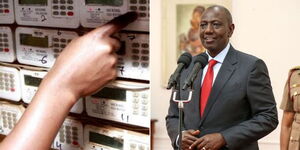 Photo collage of a hand keying in details on a token's meter and and President William Ruto speaking  after witnessing the swearing-in of Solicitor General Shadrack Mose at State House Nairobi on Monday March 20, 2023