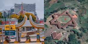 Photo collage between Nairobi Expressway toll station and aerial view of Tambach TTC in Elgeyo Marakwet