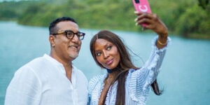 Tourism CS Najib Balala (left) takes selfie with supermodel Naomi Campbell at the Coast.