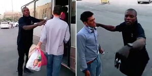 A collage image of a Kenyan touting at a bus station in Saudi Arabia.