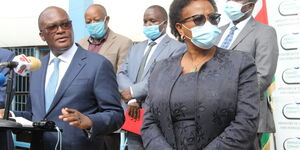 Transport CS James Macharia, CAS Wavinya Ndeti and other officials during a press briefing on the transport protocols for public service transport at Transcom House, Nairobi on July 8, 2020.