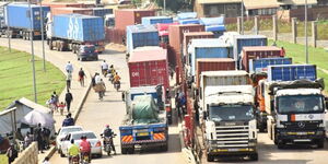 Transit trucks at a border in Kenya's Namanga boarder.