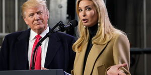 Donald Trump (left) watches as daughter Ivanka Trump (right) speaks at a tour of the H&K Equipment Company in Coraopolis, Pennsylvania, on January 18, 2018