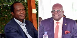 A photo collage of Former Jubilee Secretary General Rapahel Tuju (left) and former Education CS George Magoha (right)