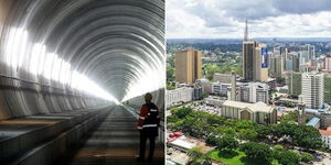 Photo collage of an underground tunnel and aerial view of Nairobi Central Business District 