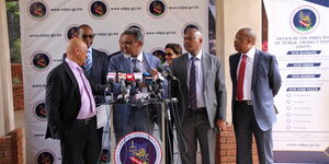 Ethics and Anti-Corruption Commission (EACC) CEO Twalib Mbarak, Director of Public Prosecutions (DPP) Noordin Haji and Directorate of Criminal Investigations (DCI) chief George Kinoti addressing a press conference in Nairobi on Thursday, March 5