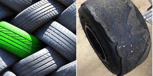 Photo collage between tyres at a display and a ripped off one.