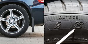 Photo collage between a car tyre and different words inscribed on the tyre.