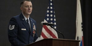 U.S. Air Force Tech. Sgt. Jordan Locke receives the Bronze Star award on October 12, 2022.