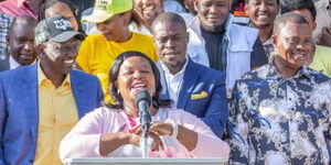 UDA senatorial candidate Margaret Wanjiru addressing the press at the Deputy President's Karen residence on April 9, 2022.