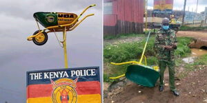 The UDA wheelbarrow at the Kuresoi South Police Station (left) and the OCS with the sign pulled down.
